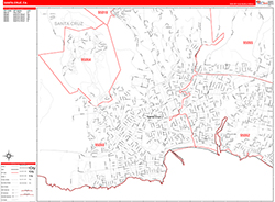 Santa Cruz Wall Map Zip Code Red Line Style 2026